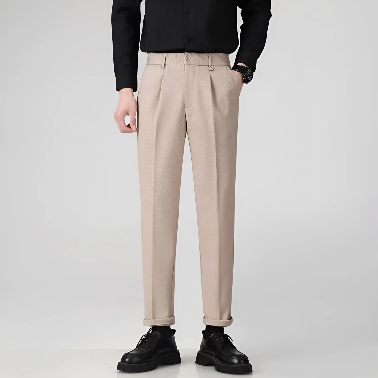 Men's straight leg casual trousers in black polyester fabric with business styling