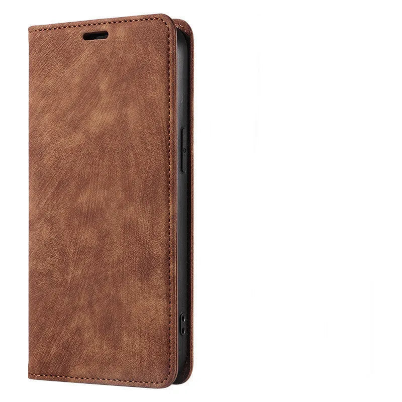Magnetic flip leather phone case for iPhone shown in grey colour, displaying front cover closed.
