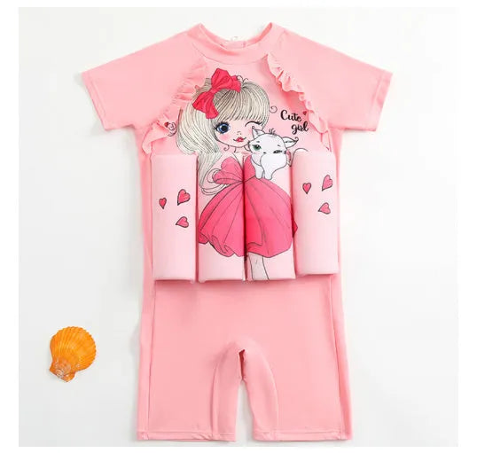 Shark boy patterned buoyancy swimsuit for children in a pool setting.