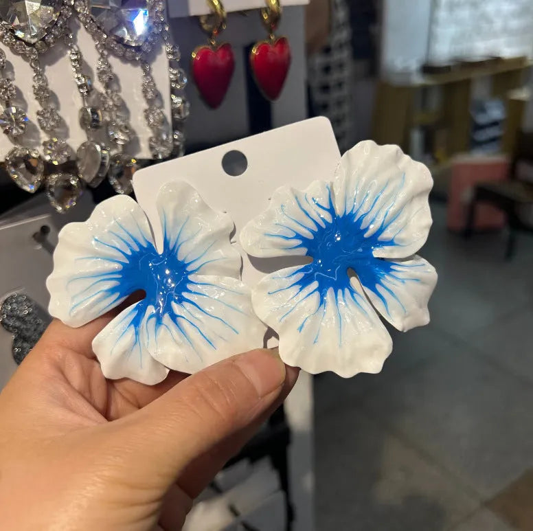 Pastoral style alloy flower stud earrings with oil-spot glaze finish in blue, green, purple, or rose colours