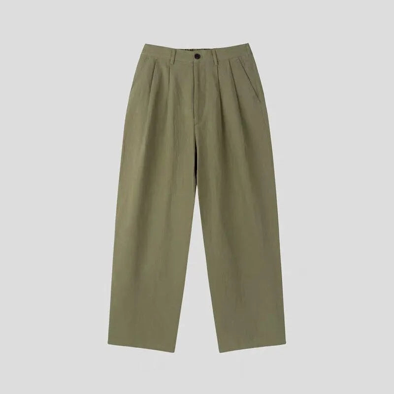 Men's apricot wide-leg cotton linen trousers with mid-waist zip fly and pencil leg opening