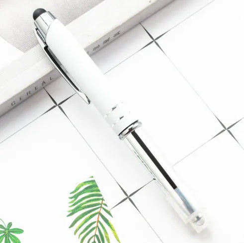 Red metal multifunctional pen with capacitive stylus tip, ballpoint, and LED light