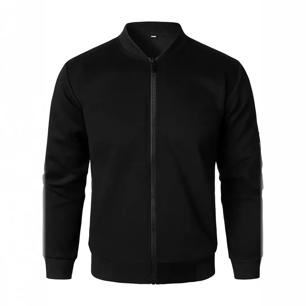 Men's loose fit long sleeve knitted jacket in cotton, shown in black, blue, or grey.