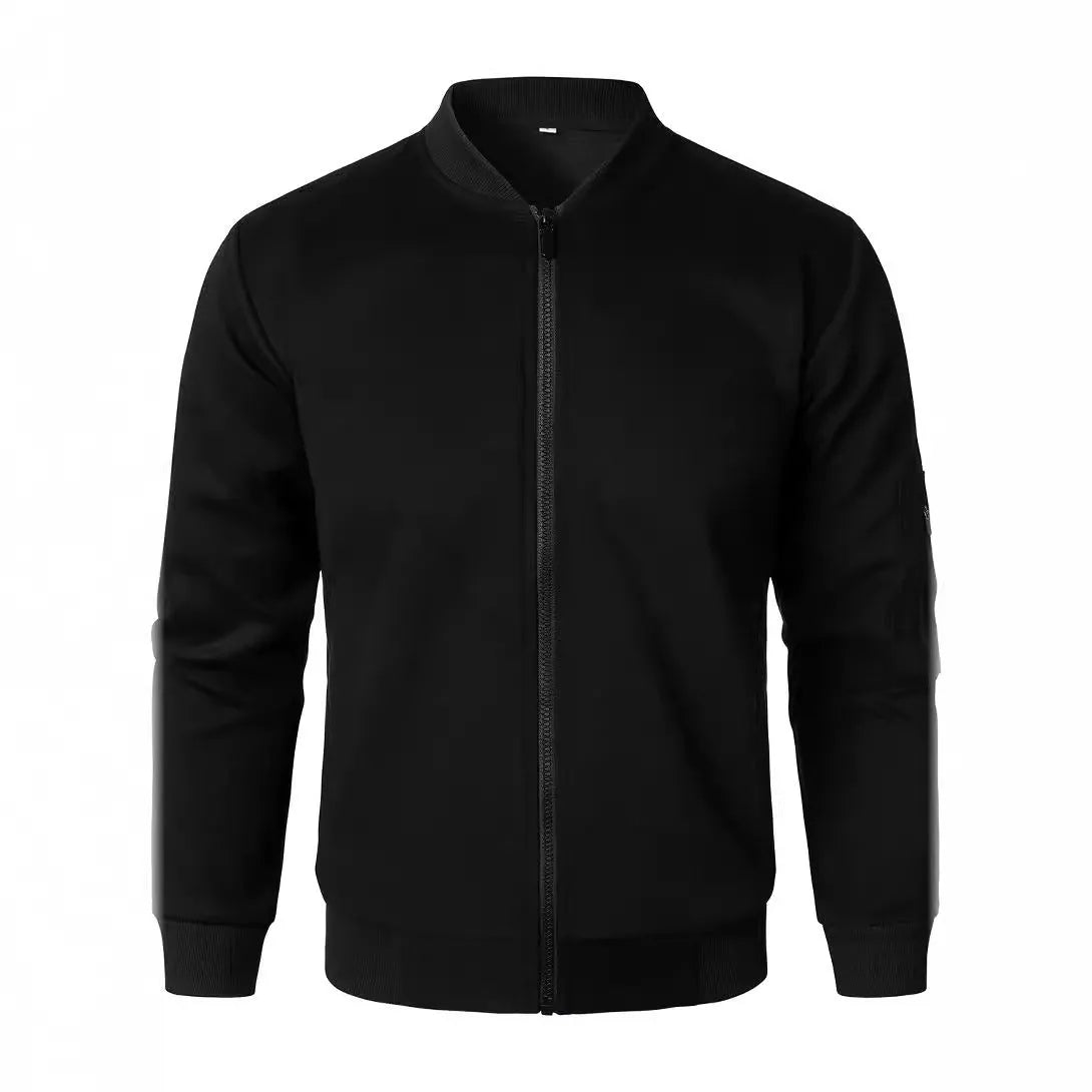 Men's loose fit long sleeve knitted jacket in cotton, shown in black, blue, or grey.