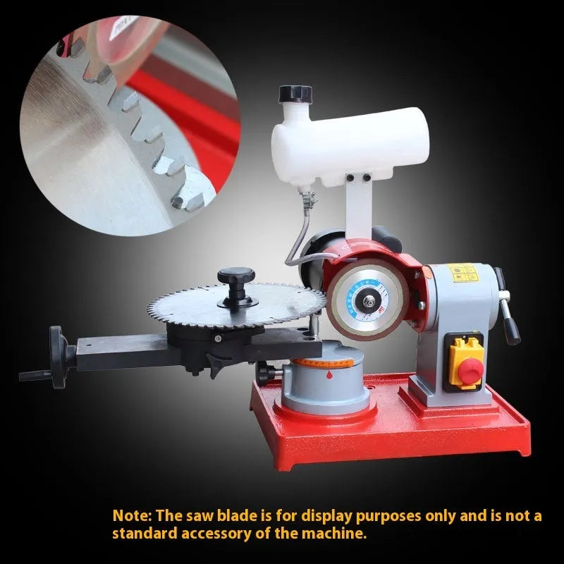 Manual sharpening machine for alloy circular saw blades on workbench with grinding wheel and adjustment controls