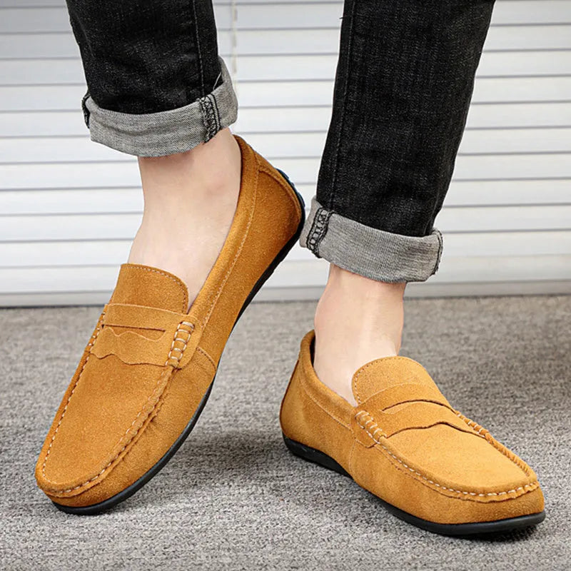 Men's suede slip-on loafers in solid colours with round toe and rubber sole