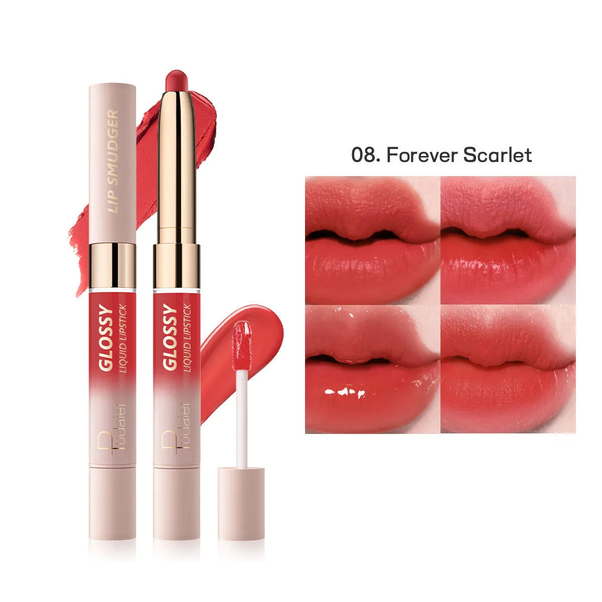 Double-headed lipstick and lip gloss product showing matte and glossy ends in one of ten available colours