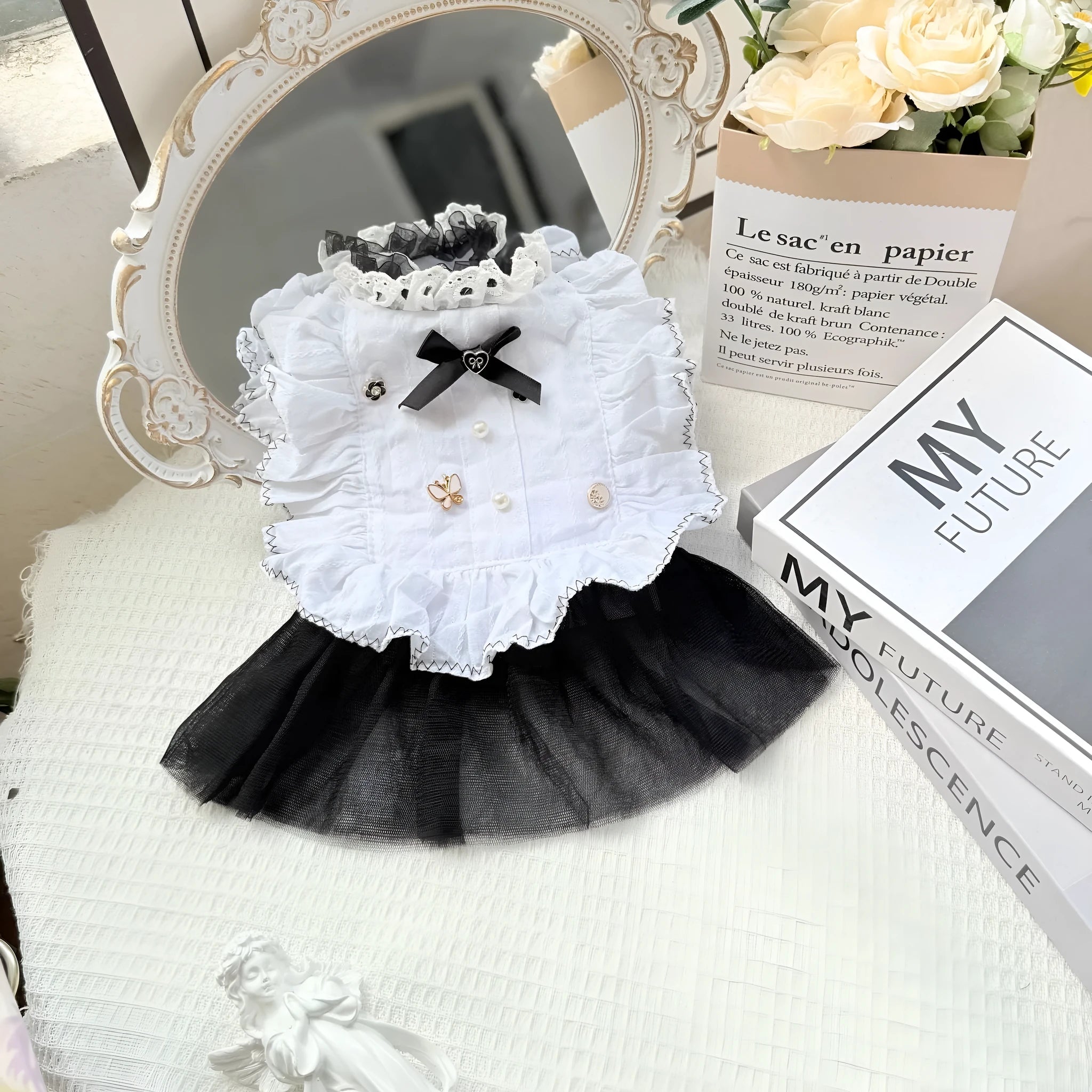 White polyester princess-style gauze skirt for small dogs shown on mannequin
