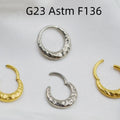 ASTM F136 titanium alloy nose ring with concave-convex carved design in gold or silver.