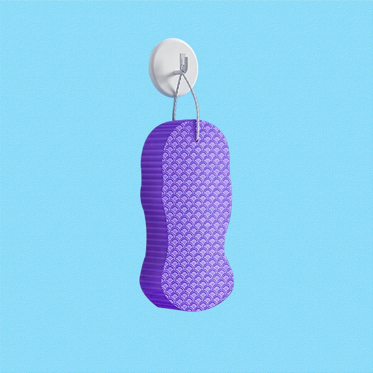 3D bath sponge ball with fish scale texture in white, grey, pink, and light blue colours