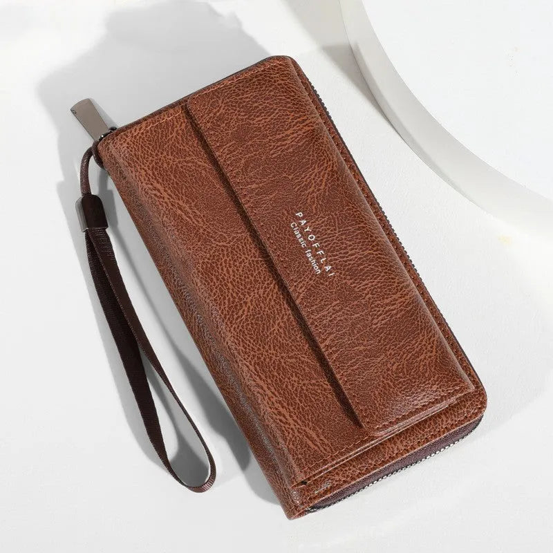 Long men's bifold wallet in PU leather showing multiple card slots and compartments.