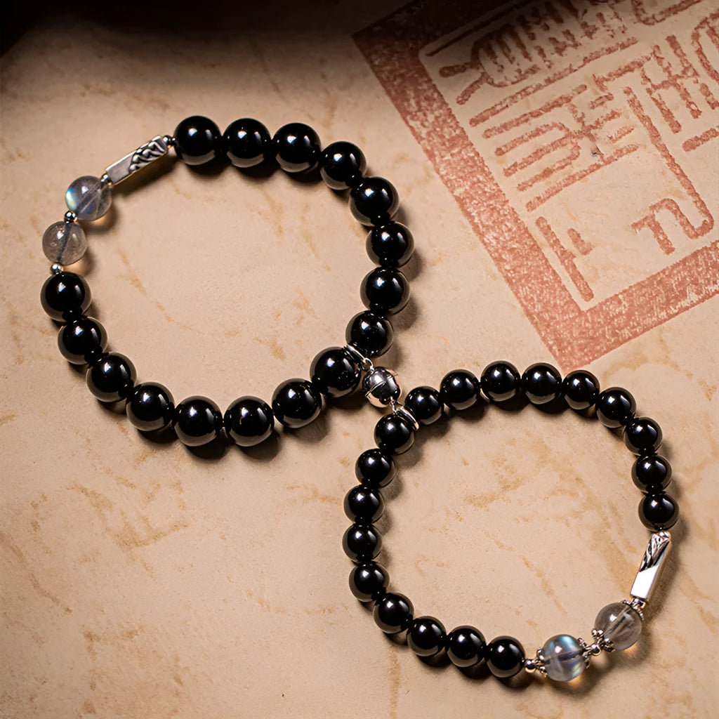 Obsidian Buddha beads DIY couple bracelet kit showing 8mm and 10mm beads with national style design