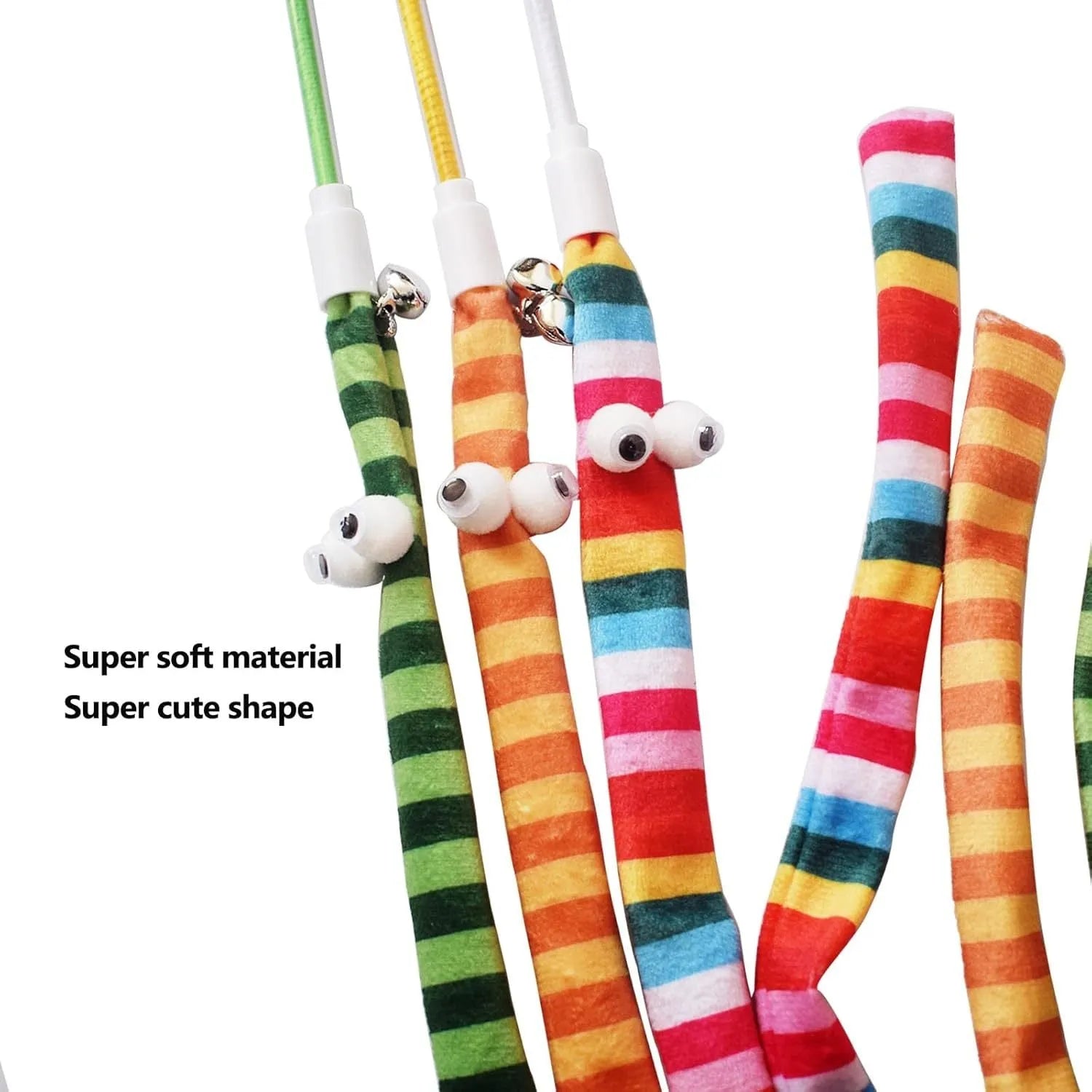 Cat wand toy with long plush strip teaser on a polycarbonate pole, shown in vibrant colours