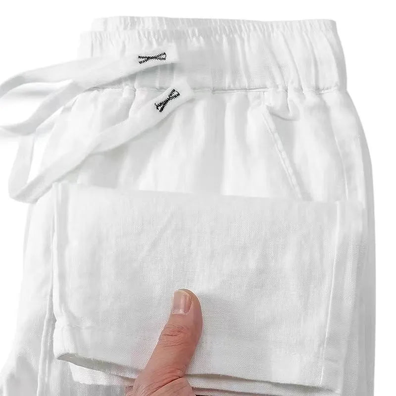 Pure linen Chinese style elastic waist trousers in straight leg design available in multiple colours