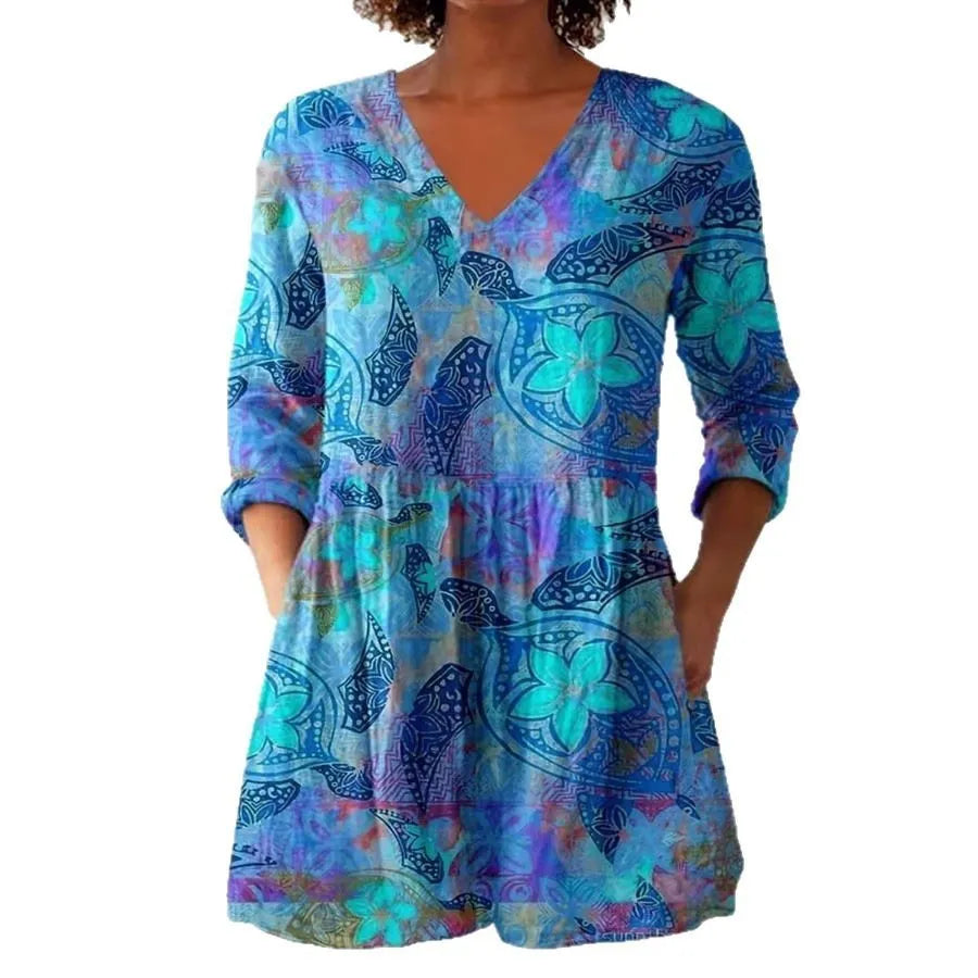 Women's retro slim fit long-sleeved top with digital printing, available in multiple colours.