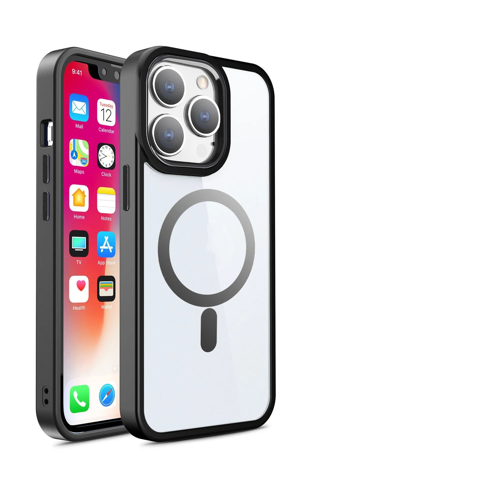 Magnetic transparent silicone phone case for iPhone showing colour options
