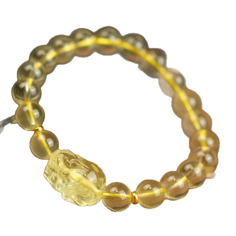Yellow leather bracelet with artificial citrine crystal Pi Xiu charm in Chinese national style