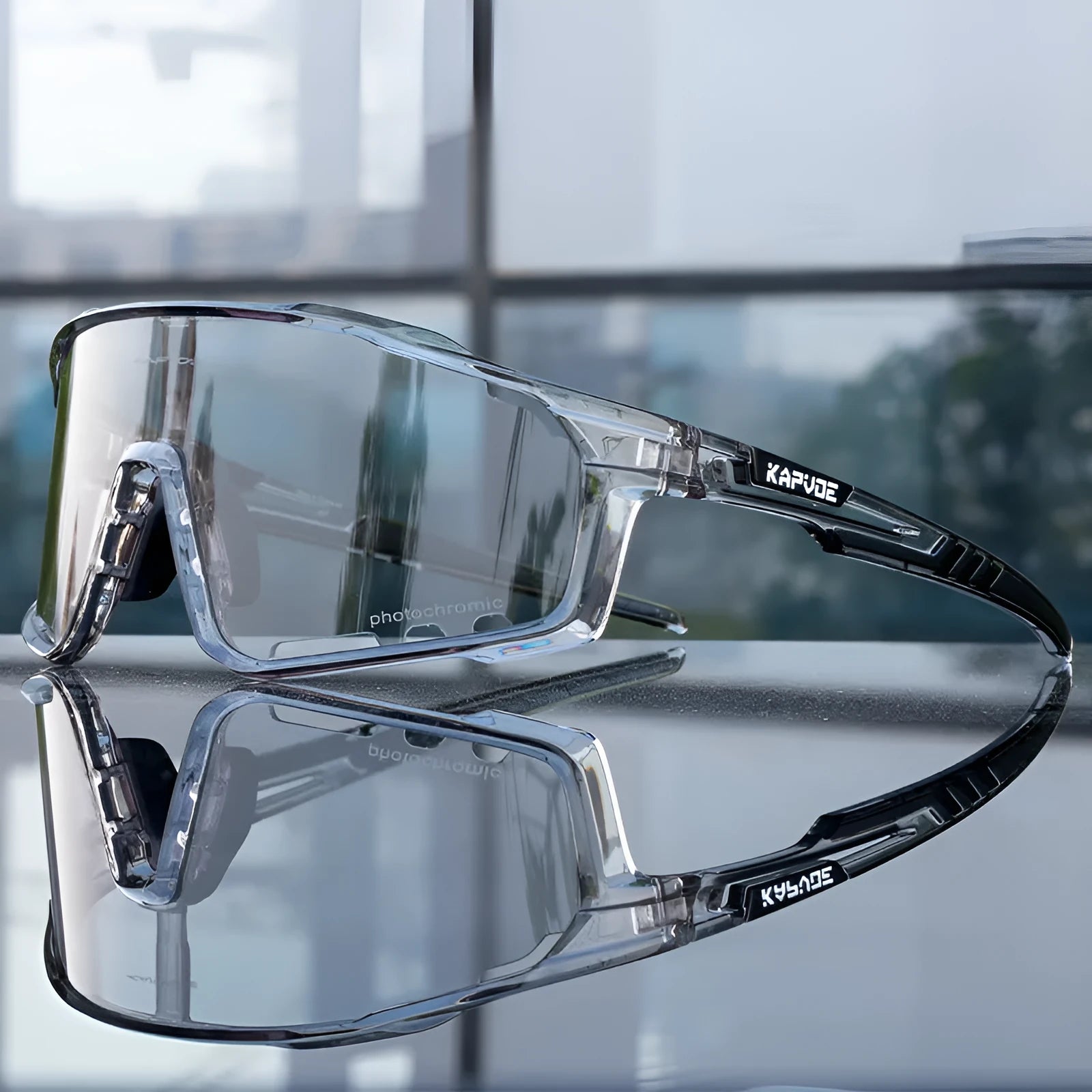 Photochromic cycling sunglasses with a semi-rimless TR90 frame, shown in one of multiple available colours.