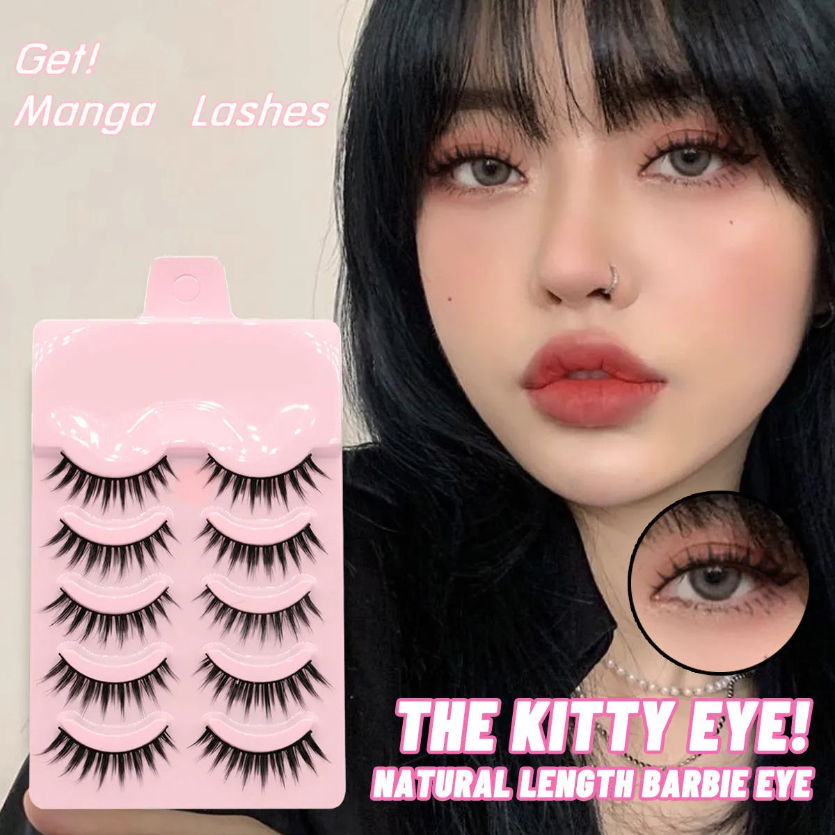 Set of five pairs of black wispy manga-style false eyelashes for anime cosplay and Korean makeup.