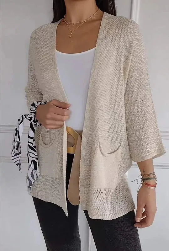 Women's waffle knit cardigan coat with nine-quarter sleeves in army green colour