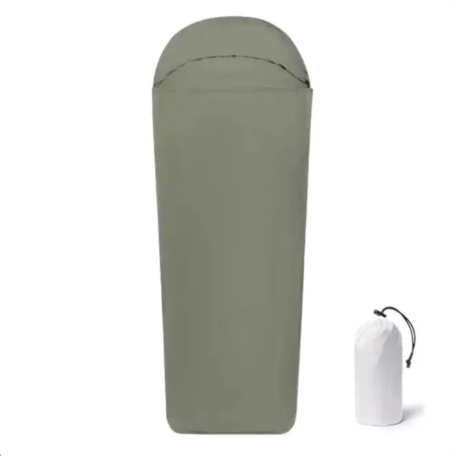 Blue and green mummy-style nylon camping sleeping bag for adults, shown packed and unpacked.