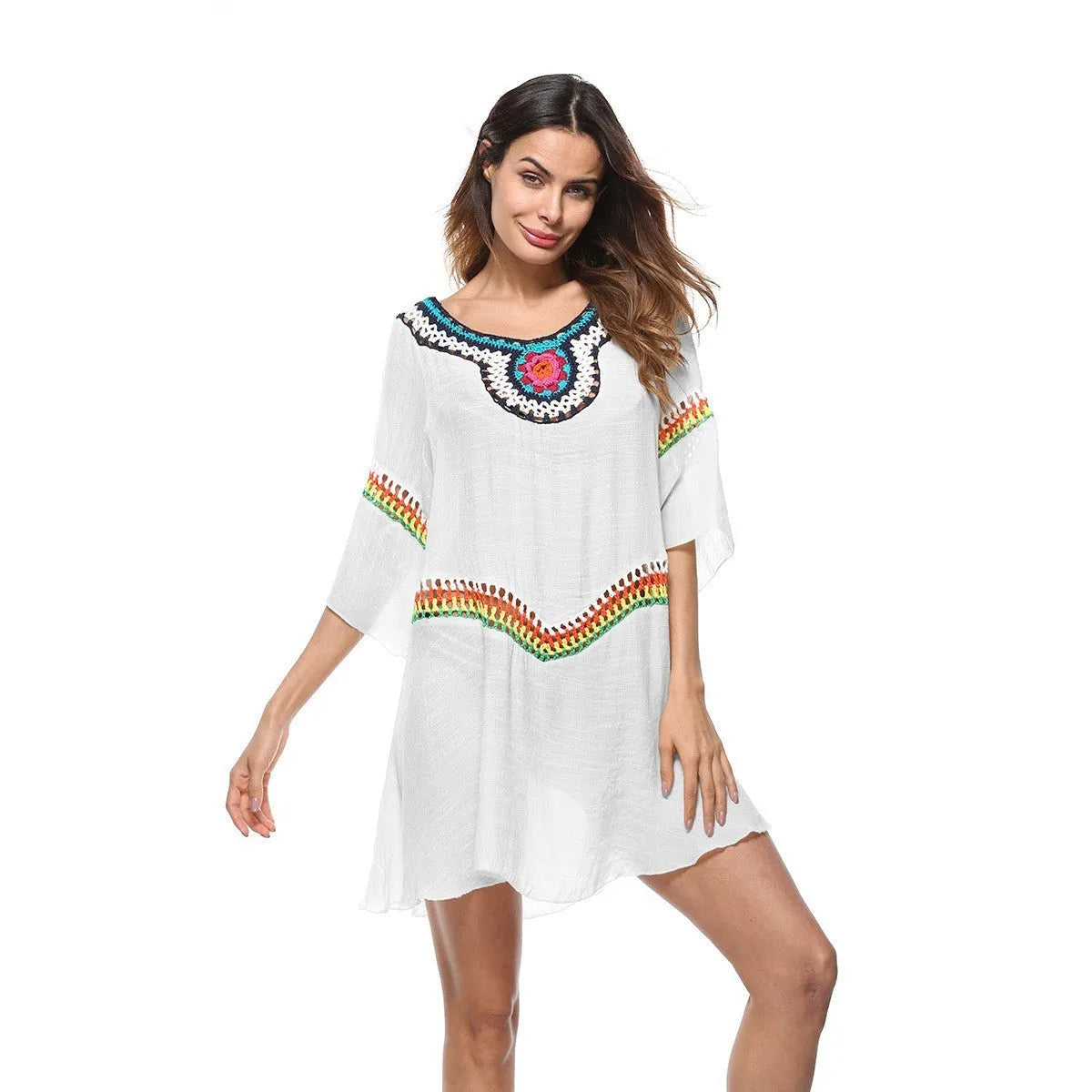Women's crocheted ethnic style sun protection clothing cover-up in apricot colour.