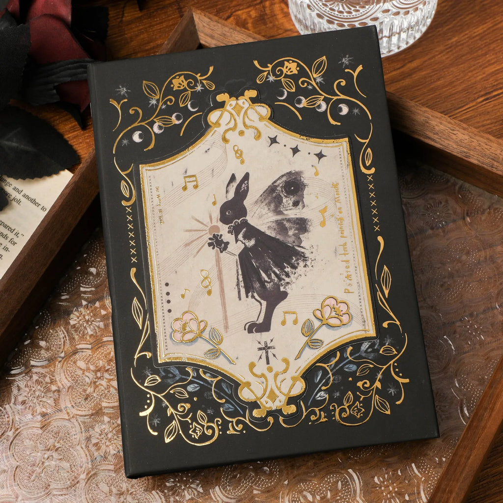 A5 hardcover notebook with gothic retro art cover, open to show 40g wood pulp paper.