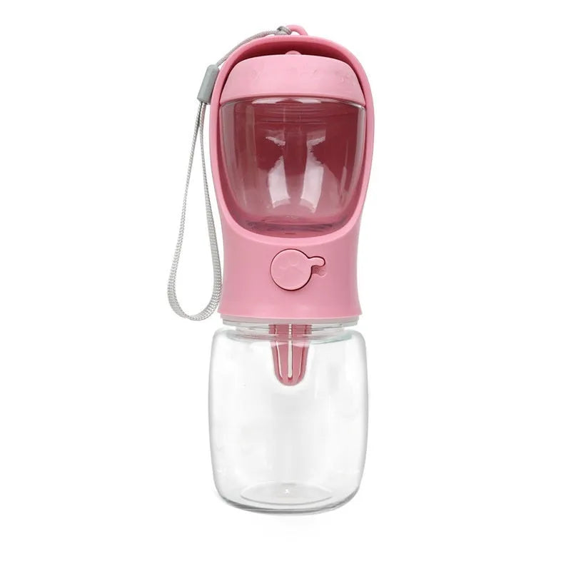 Portable dual-use dog drinking cup showing water dispenser and separate grain bowl compartment