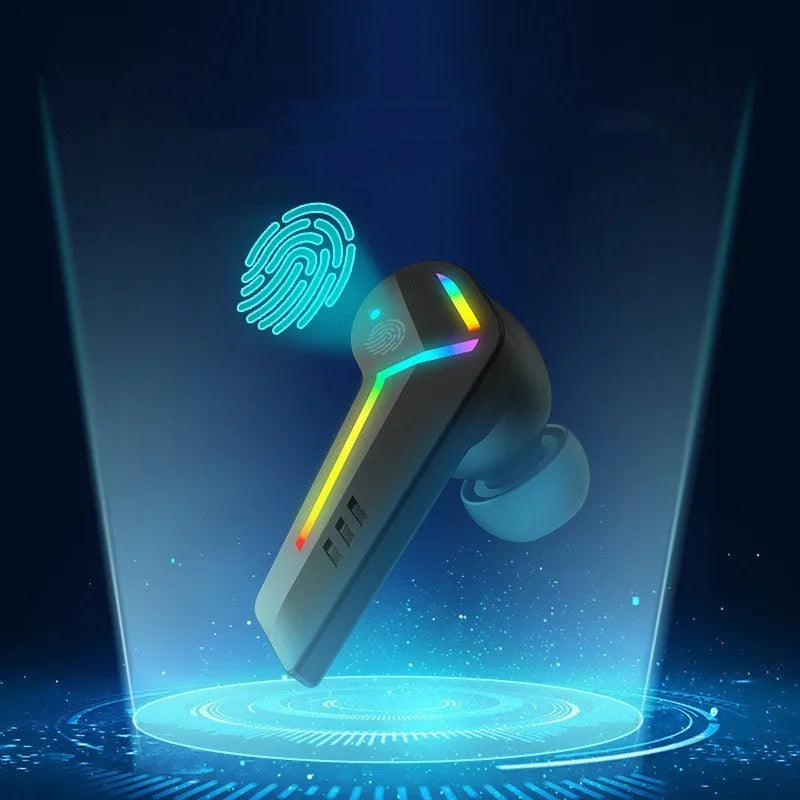 Black TWS Bluetooth sports headset with low latency gaming and NFC connectivity features.
