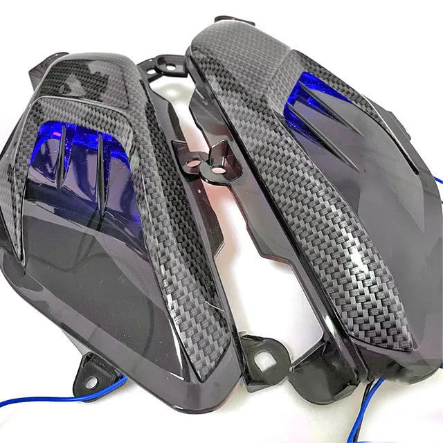 Pair of YAMAHA NMAX side lamps with carbon fibre decoration and blue LED light