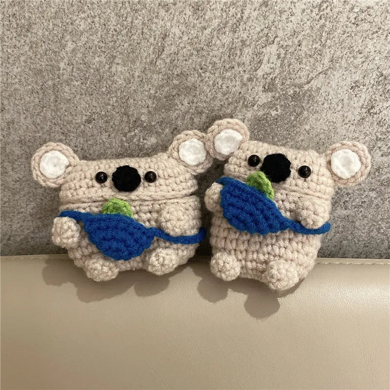Handmade knitted AirPods protective case with koala bear backpack design for wireless earbuds
