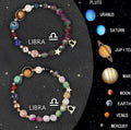 Natural stone beaded zodiac bracelets showing twelve astrological sign designs on elastic cord