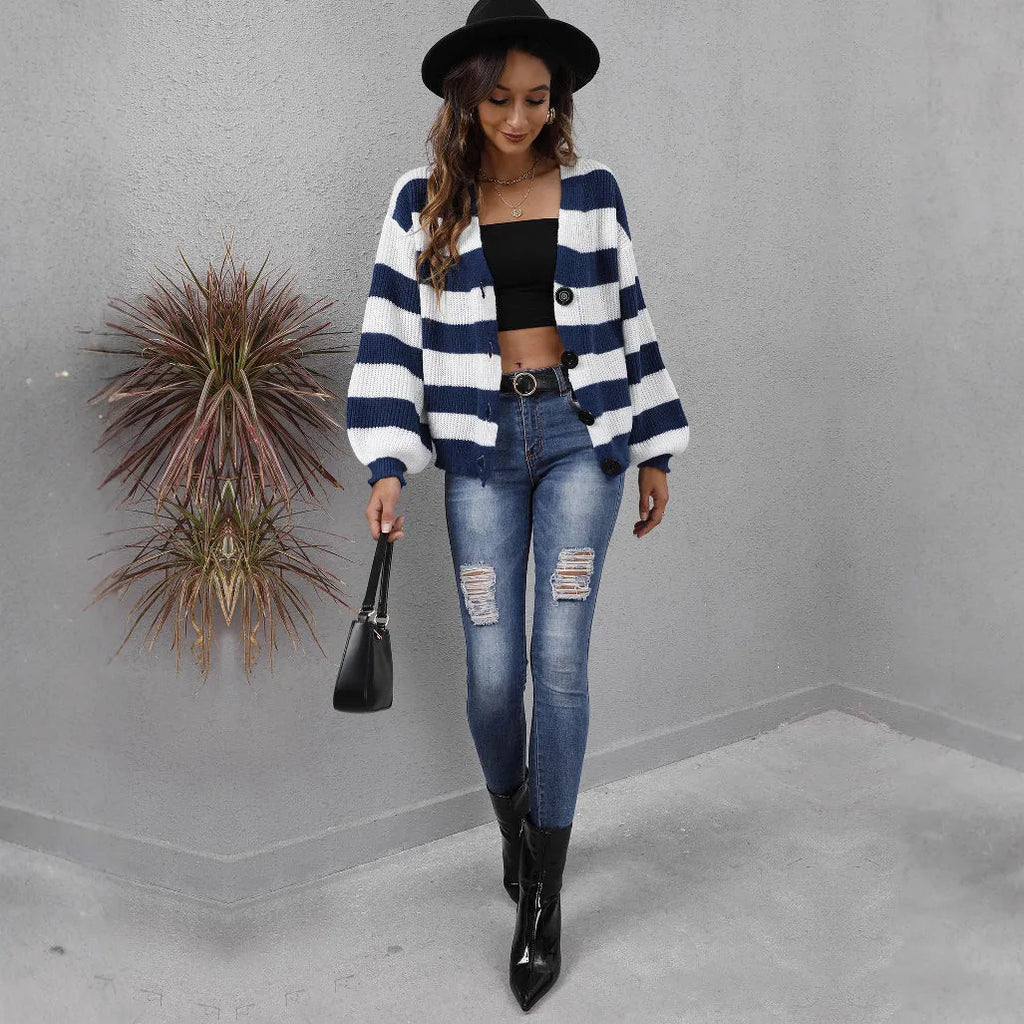 Women's striped cardigan with button stitching in deer plush polyester fabric, European American street fashion style