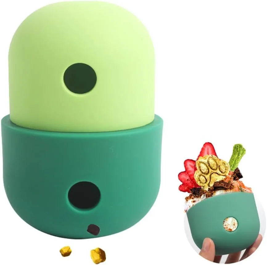 Food-grade silicone dog puzzle toy in yellow and blue colour combination