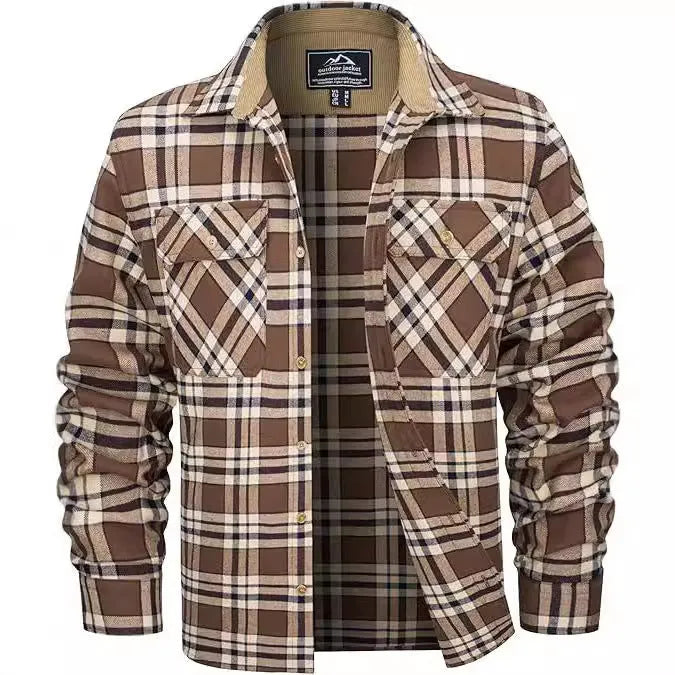 Men's plaid flannel casual button shirt in cardigan style for autumn and winter wear