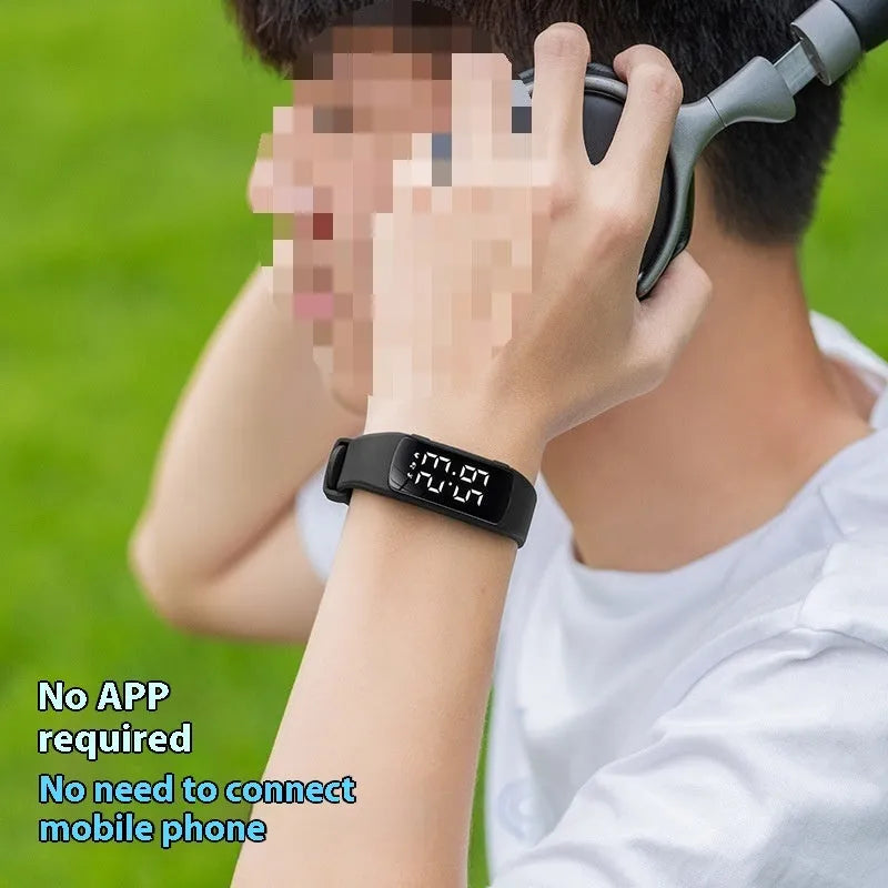 Vibration alarm smart watch with LED display on a silicone strap, shown in a choice of colours.
