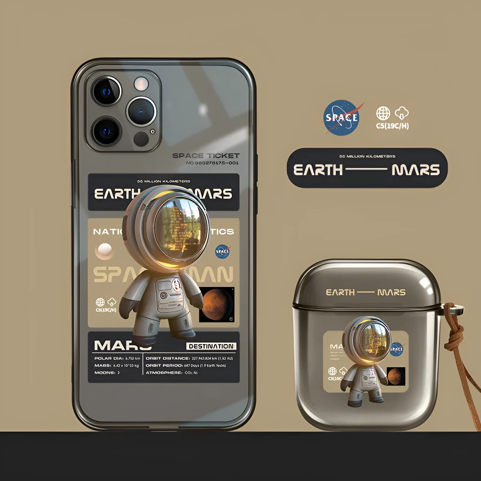 Soft black TPU iPhone case with anti-drop protection showing Mars Ticket and Oasis Flights design options