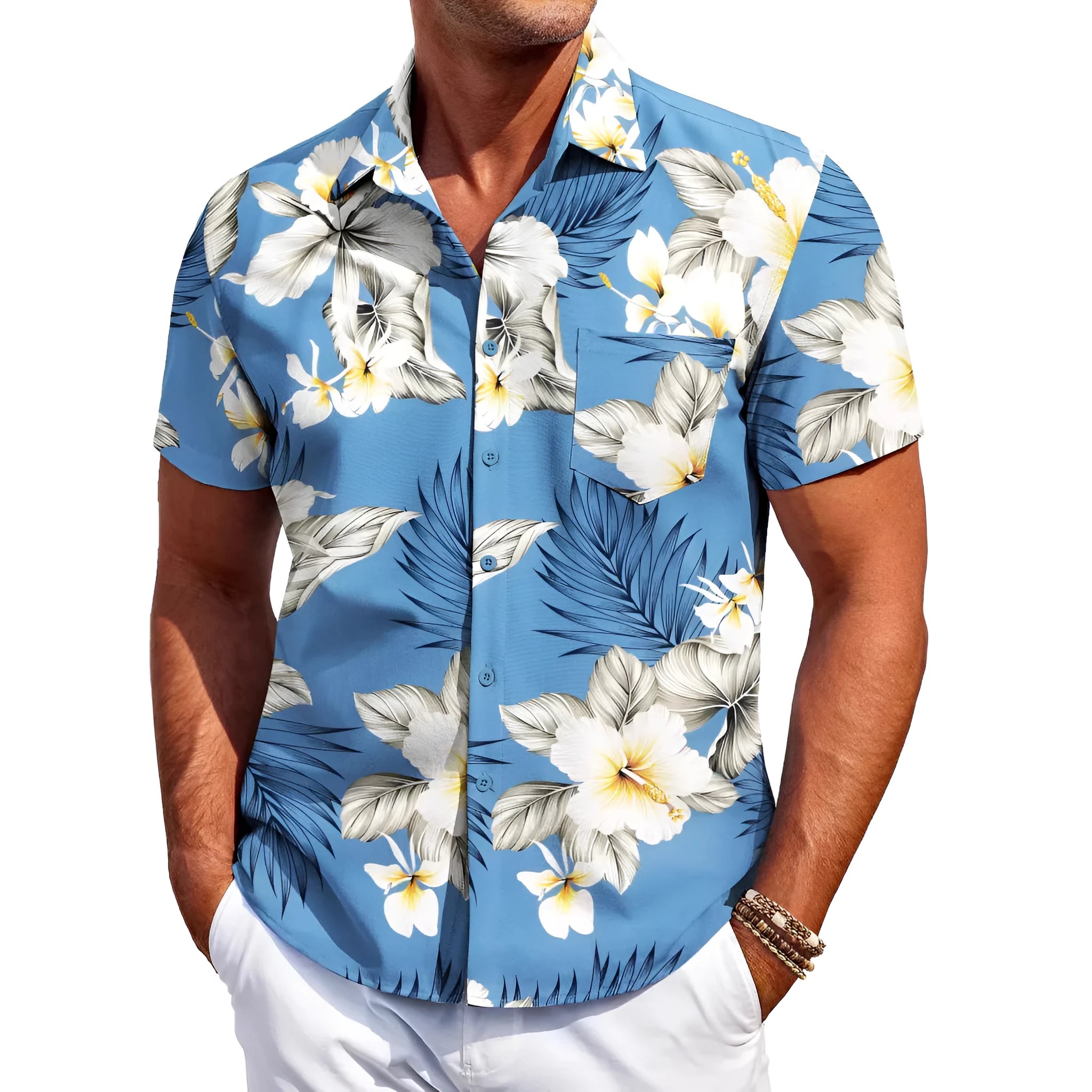 Man wearing a slim fit short sleeve Hawaiian print cardigan shirt in a solid colour.