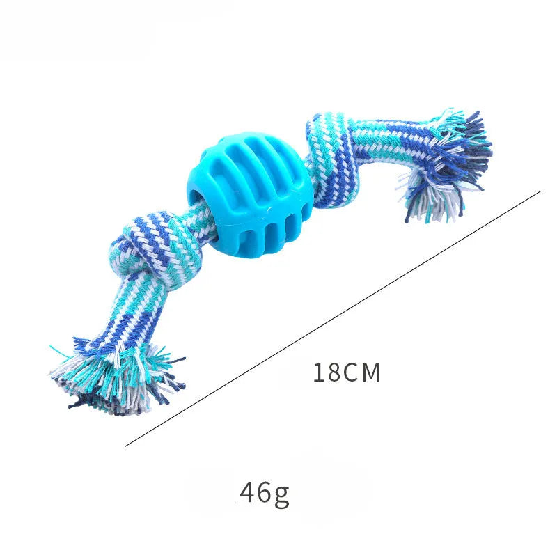 Blue dog chew toy with rope handles and textured molar surfaces for teeth cleaning