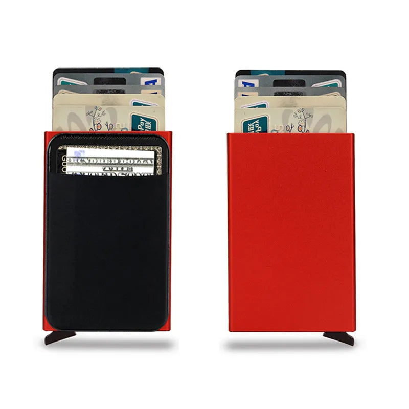 Slim aluminium metal credit card holder wallet with frosted finish shown in multiple colour options.