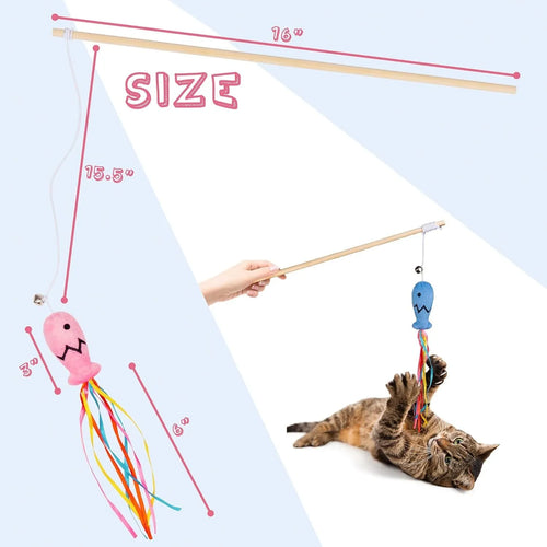 Cat wand toy with colourful ribbons, catnip fish and bell on wooden handle
