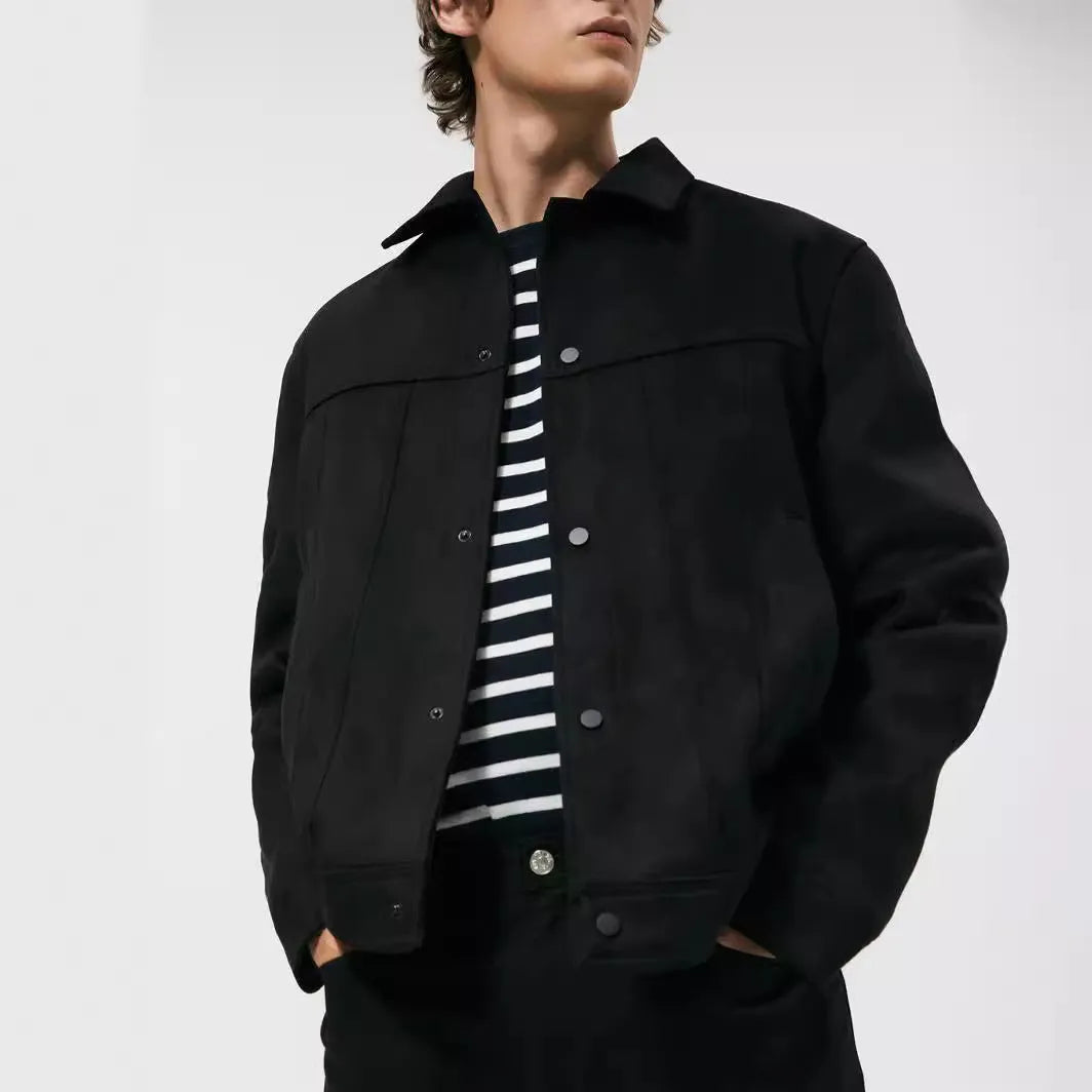 Men's black hooded jacket with a suede collar, showing side seam pockets and long sleeves.