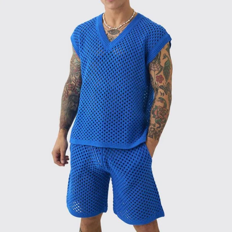 Men's blue cotton knitted sleeveless vest and matching shorts set for summer sports.