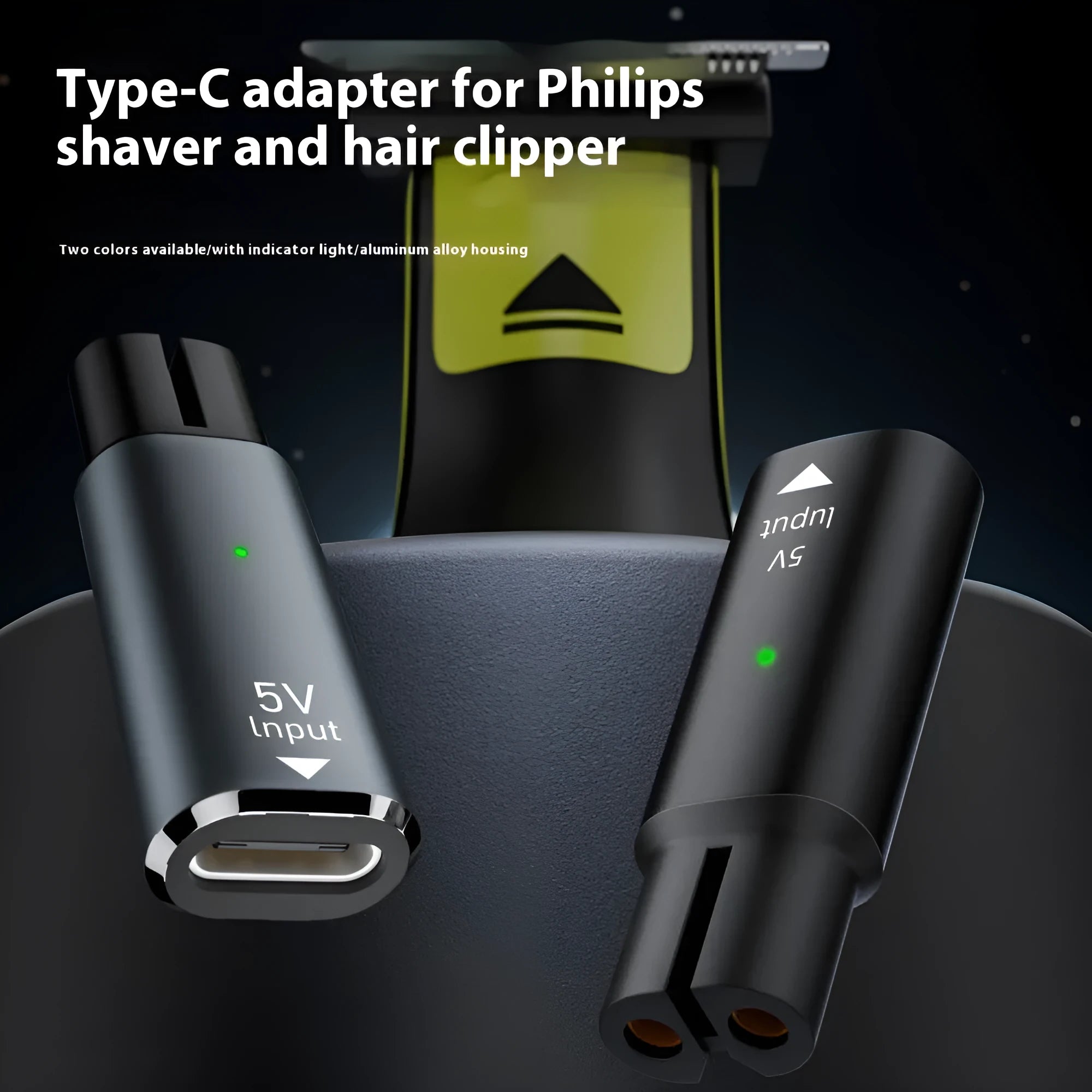 Black and gray aluminium alloy USB C charging adapter for 4.3V electric shavers and hair clippers.