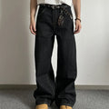 Black loose wide-leg jeans with straight-leg cut and mid-waist design in retro style