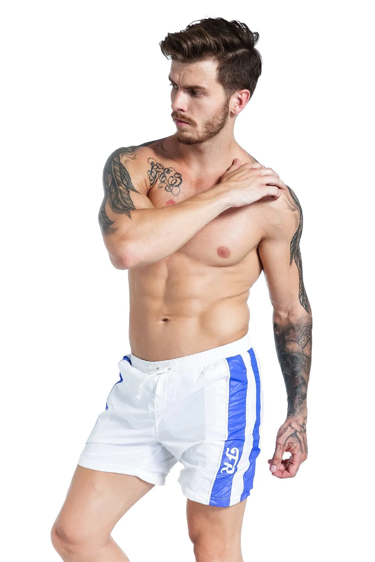Men's blue lace-up sports shorts with slim fit design and polyester construction