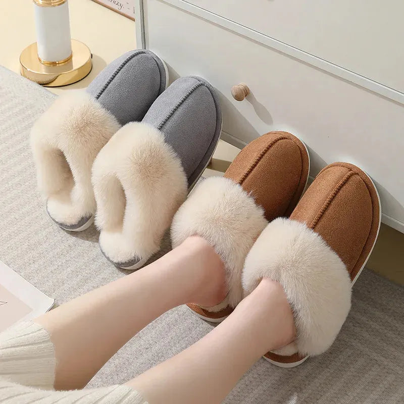 Women's winter plush slippers with round toe design in brown colour showing stitching detail