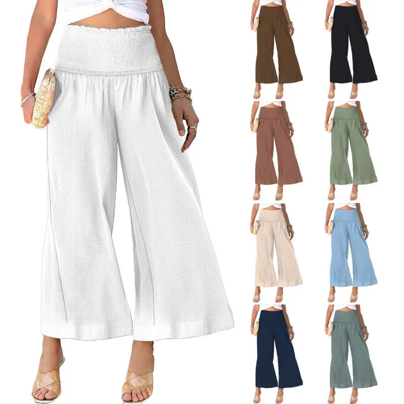 Women's high-waist cotton linen trousers in cropped length with pleated straight-leg design