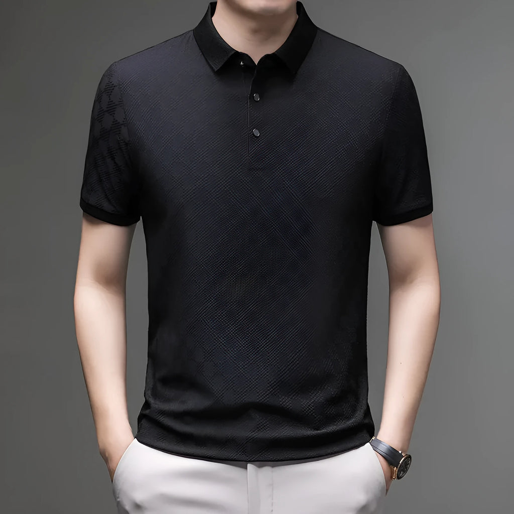 Man wearing a black rhombus weave thin ice silk short sleeve T-shirt with a slit detail.