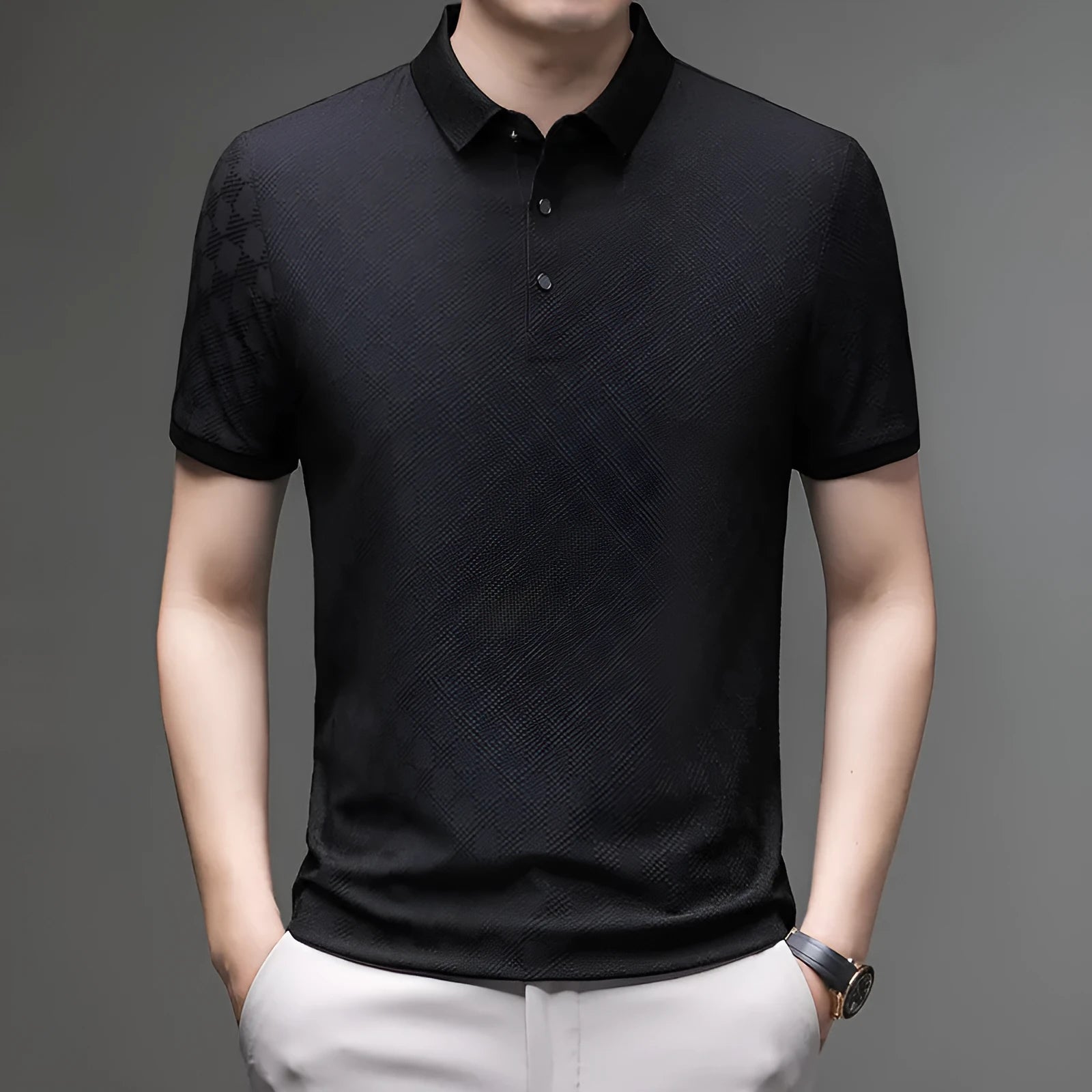 Man wearing a black rhombus weave thin ice silk short sleeve T-shirt with a slit detail.